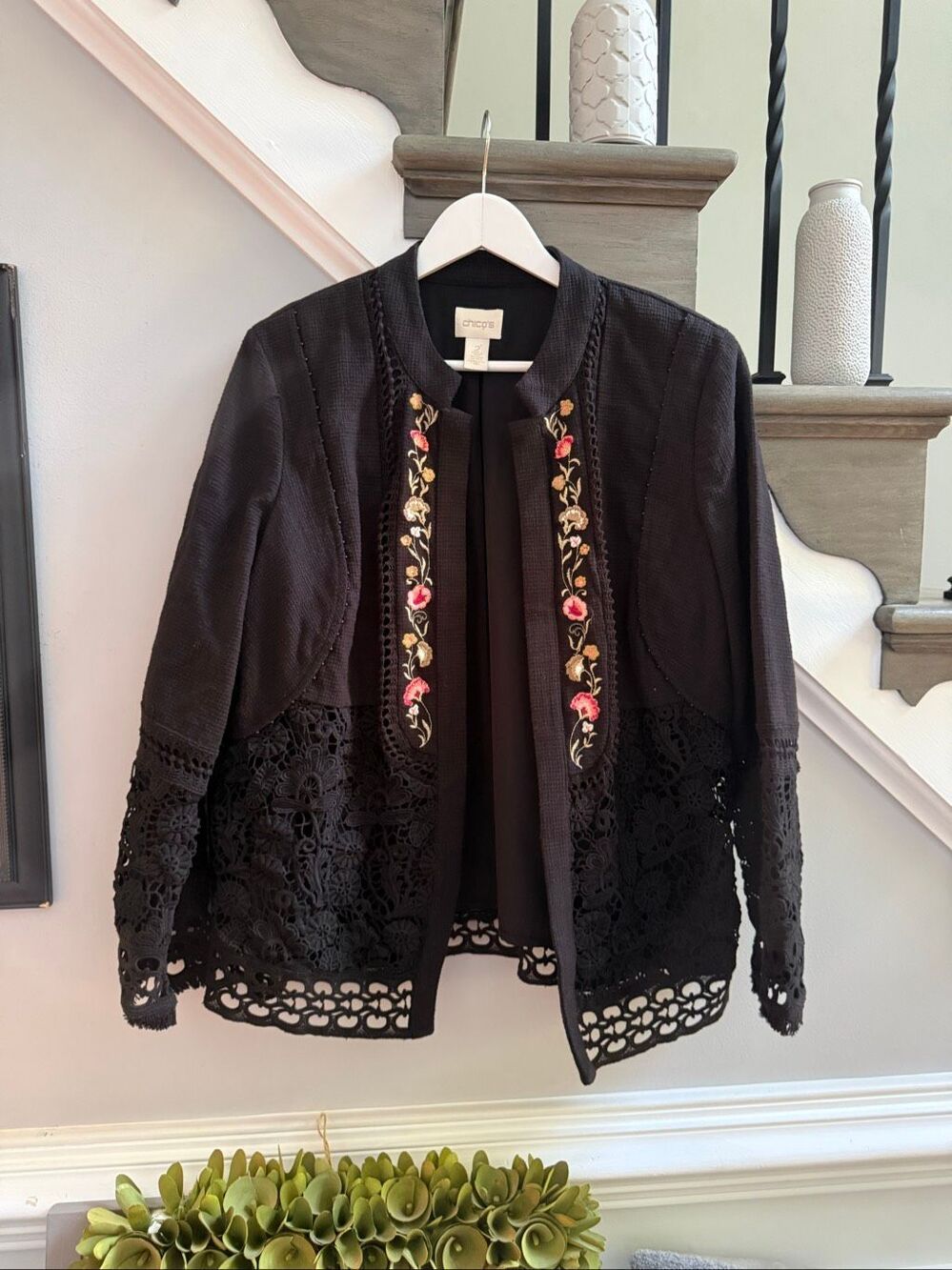 Chico’s Black Embroidered & Heavy Crochet Open Front Jacket Blazer sz 2 or L NWT